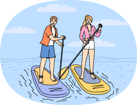 Surfing on SUP boards is practiced by man and woman using paddles to navigate river on summer weekend. Man and woman surfers stand on SUP boards, engage in active recreation at hot resort
