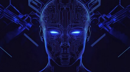 Futuristic human head silhouette with glowing neon circuit patterns and advanced AI design elements. Generative AI