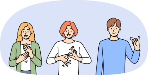 Deaf and mute people use sign language to communicate by making different gestures. Guy and two girls are learning sign language to be able to communicate with humans with disabilities