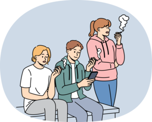 Tobacco addiction in people sitting on street and smoking cigarettes during break from work. Concept of problem of passive smoking in society, caused by cigarette addiction in part of population