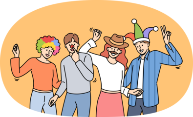 Group of friends participating in masquerade with funny hats or fake mustaches, dancing and enjoying festive party. Young men and women enjoy relaxing together at student party after end of session.