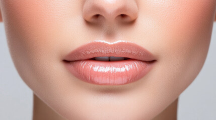Fototapeta premium Beauty portrait close-up of glossy lips studio setting fashion photography soft lighting aesthetic appeal