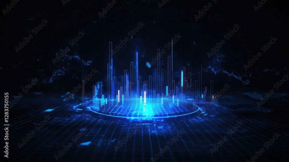 Poster abstract blue glowing data visualization with digital graphs and charts on dark background for techn
