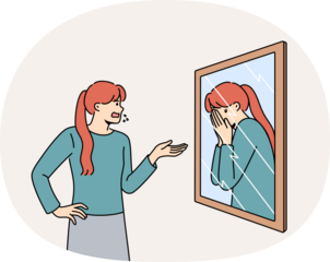 Woman scolds own reflection in mirror, for concept of low self-esteem and problems with having self-confidence. Split personality and lack of self-esteem causes disorder or nervous breakdowns