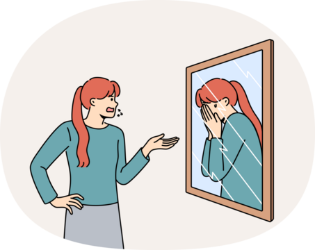 Woman scolds own reflection in mirror, for concept of low self-esteem and problems with having self-confidence. Split personality and lack of self-esteem causes disorder or nervous breakdowns