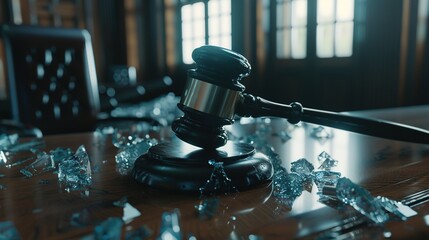 Crystal Gavel Fracture Concept: Symbolizing Judicial System Reform with Broken Chain Motif and Abstract Justice Scales in Modern Legal Environment (8K Premium)