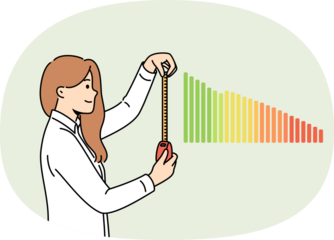 Woman business analyst measures financial chart to understand trends in company income level. Girl economic analyst in formal clothes predicts beginning of increase in savings or earnings