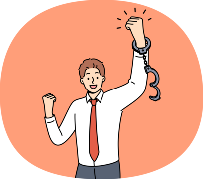 Business man feels joy after being fired from job with bonded working conditions, joyfully waving handcuffed hands. Successful guy celebrates being fired from unloved company with bad bosses