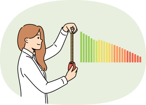 Woman business analyst measures financial chart to understand trends in company income level. Girl economic analyst in formal clothes predicts beginning of increase in savings or earnings