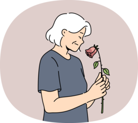 Elderly woman feels fading and weakening health or approach of death, holds withered rose. Widow experiences apathy due to age fading, for concept of aging and importance moral support for retirees