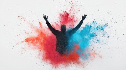 Joyful silhouette of a person surrounded by vibrant colored powder explosion showcasing freedom, celebration, and creative expression in artistic photography
