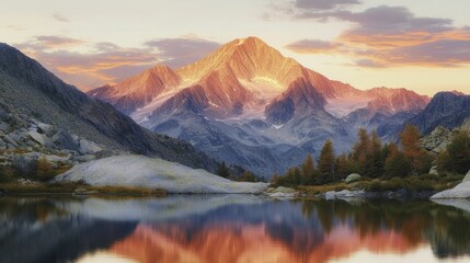 Fototapeta premium Untamed mountain wilderness greets sunrise over rugged peaks with vibrant orange and pink hues dancing on glacial lakes and proud pines.