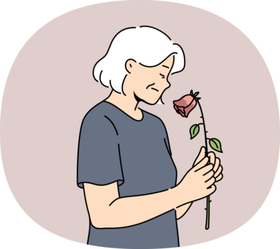 Elderly woman feels fading and weakening health or approach of death, holds withered rose. Widow experiences apathy due to age fading, for concept of aging and importance moral support for retirees