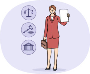 Woman lawyer demonstrates court decision on absence of claims against client, standing near legal symbols. Girl corporate lawyer with smile shows contract or permission received from ministry justice