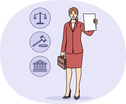 Woman lawyer demonstrates court decision on absence of claims against client, standing near legal symbols. Girl corporate lawyer with smile shows contract or permission received from ministry justice