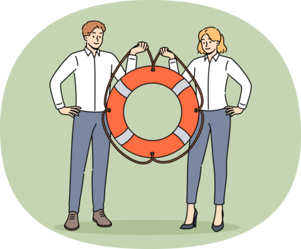 Two managers are holding lifeline offering business help and support or crisis management services. Man and woman working in corporation are ready to provide support to new employees