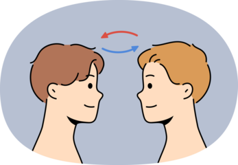 Telepathic exchange between two men, for concept of mind reading at distance and mental synchronization. Guys with telepathic skills thanks to supernatural abilities look at each other