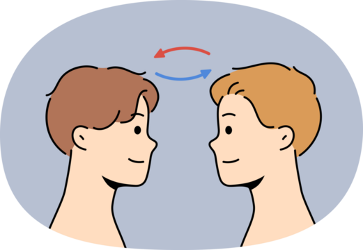 Telepathic exchange between two men, for concept of mind reading at distance and mental synchronization. Guys with telepathic skills thanks to supernatural abilities look at each other