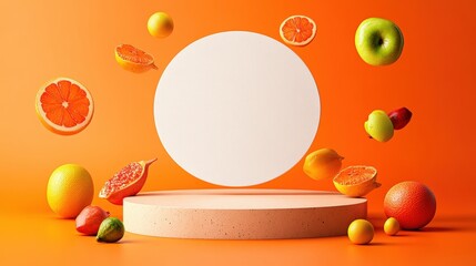 White circle on blank podium surrounded by oranges and limes in a health and nutrition display