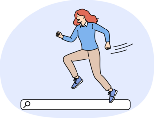 Woman runs through search bar, smiling, looking for useful information on internet and exploring websites. Girl with search bar recommends using services of seo specialist for website promotion