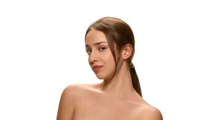 Obraz premium Young pretty woman with sleek ponytail looking sideways with confident expression against white studio background. Concept of natural beauty, self-care treatment, cosmetology, wellness.