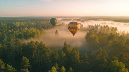 Hot air balloon adventure over misty forest landscape at sunrise aerial photography nature tranquil environment