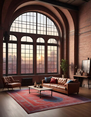Dark wood flooring in a loft-style living room with a vintage rug.