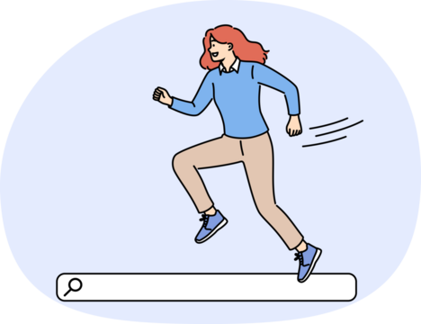 Woman runs through search bar, smiling, looking for useful information on internet and exploring websites. Girl with search bar recommends using services of seo specialist for website promotion