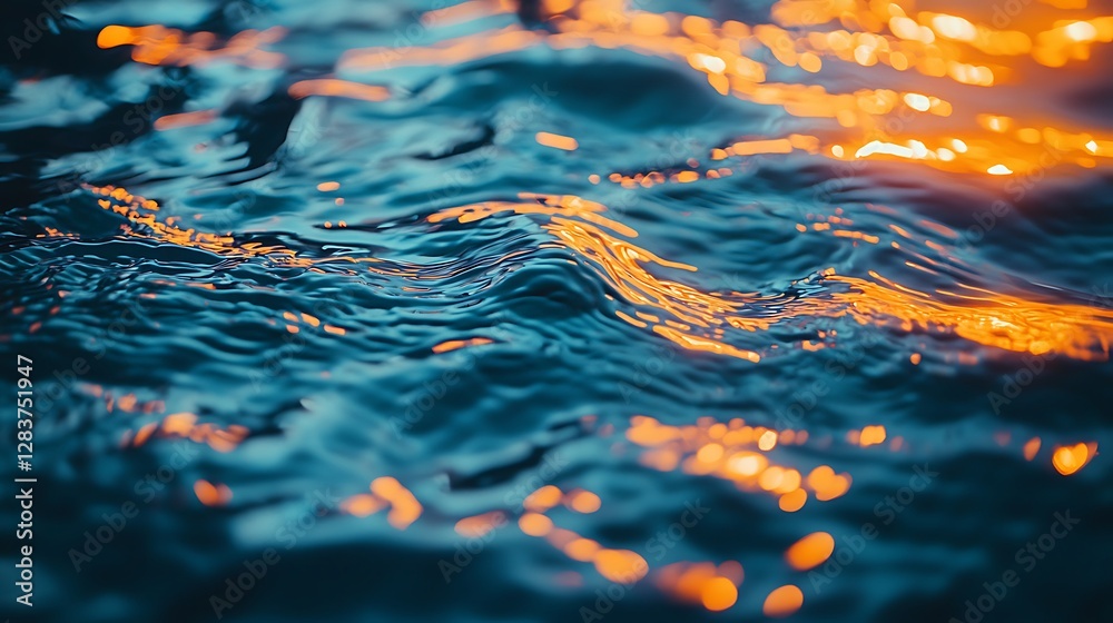 Poster golden sunset reflecting on ocean waves. background shows blurry horizon. use website background