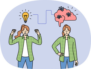 Woman is developing production plan and rejoices having come up with new idea, standing near light bulb and brain with gears. Girl in casual clothes comes up with idea to find profitable job.