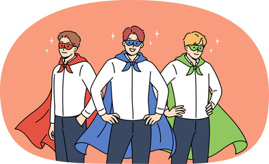 Team of business people in superhero masks and capes are ready to provide consulting services for corporations. Team of cool managers from consulting company smile standing in confident pose