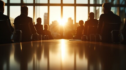 The image captures a silhouetted group of professionals seated in a conference room, gazing at a stunning sunset through large windows, symbolizing decision-making and collaboration.