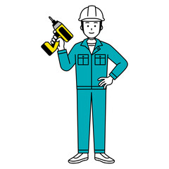 インパクトドライバーを持つ作業員の男性（全身）