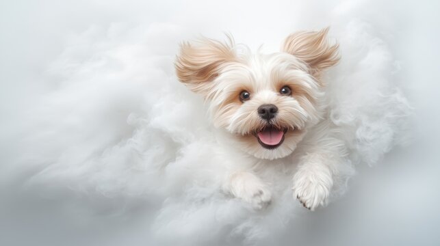 A joyful dog in mid-air jump, capturing the essence of happiness and freedom as it plays in a cloud-like environment filled with energy and excitement.
