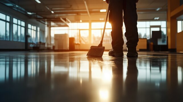A custodian sweeping the floor under bright light in a modern space, capturing a moment of diligence and the commitment to a clean working environment.