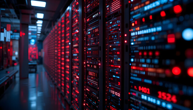 abstract data storage system glowing red lights