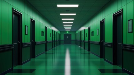 A Long, Empty Green Hallway with Doors and Bright Lighting, Evoking a Mysterious and Eerie Atmosphere in a Modern Building Interior