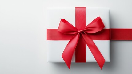Elegant White Gift Box with Red Bow and Ribbon on White Background