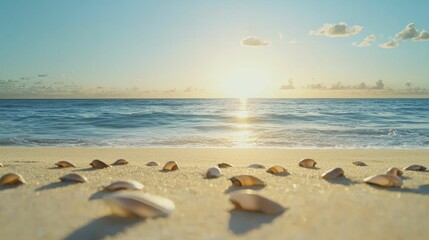 Calm ocean soundscape featuring serene beaches at sunset, soft waves caressing the shore, and silhouettes of seashells scattered on golden sand.