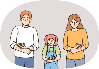 Itchy family suffers from allergies and itching problems after using contaminated clothing. Itching caused by lice in girl and parents who need tablets that kill infection and restore immunity