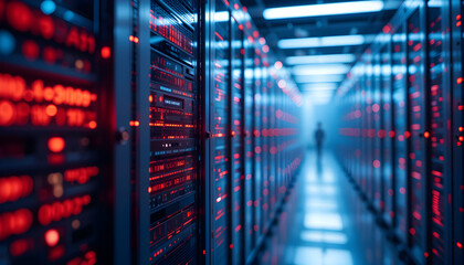 abstract data storage system glowing red lights