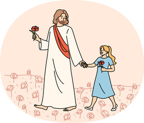 Jesus walks with little girl through summer field, talking about importance of christian religion. Jesus, from catholic or orthodox faith, communicates with children, sharing experience