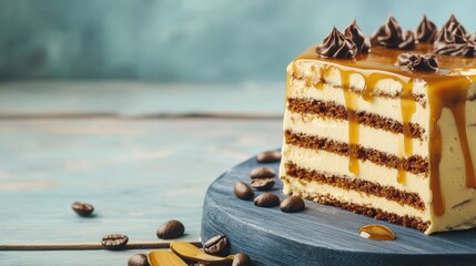 A Decadent Slice of Caramel Coffee Cake with Chocolate Accents