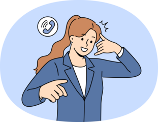 Business woman says call me and points finger at screen, offering to exchange contacts. Beautiful girl with call me gesture, getting acquainted with guy she likes or promising partner