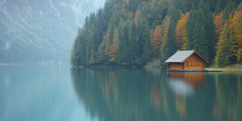 Fototapeta premium Charming remote cabin by serene alpine lake, colorful autumn leaves mirrored on water, perfect for adventure and peaceful moments.