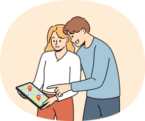 Digital maps are used by man and woman to plot route while traveling to new city. Happy couple holding electronic tablet with street map for navigation and geotags of must-see places
