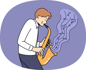 Man masterfully plays jazz composition on saxophone, blowing notes from musical instrument. Talented guy plays saxophone, thanks to excellent hearing and talent, helps entertain people