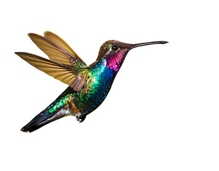 Fototapeta premium 3. A photo of a rainbow-colored glass hummingbird shining in the sun. The hummingbird has rich details and realistic light and shadow effects. The background is a blurred forest. The hummingbird work 