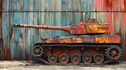 A rusty, weathered tank painted in vibrant colors against a backdrop of faded vertical lines, evoking a sense of history and conflict. Fading Memories in Shadows. Illustration