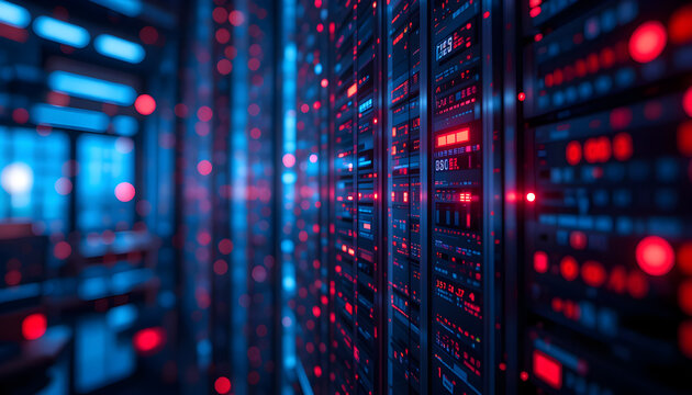 abstract data storage system glowing red lights